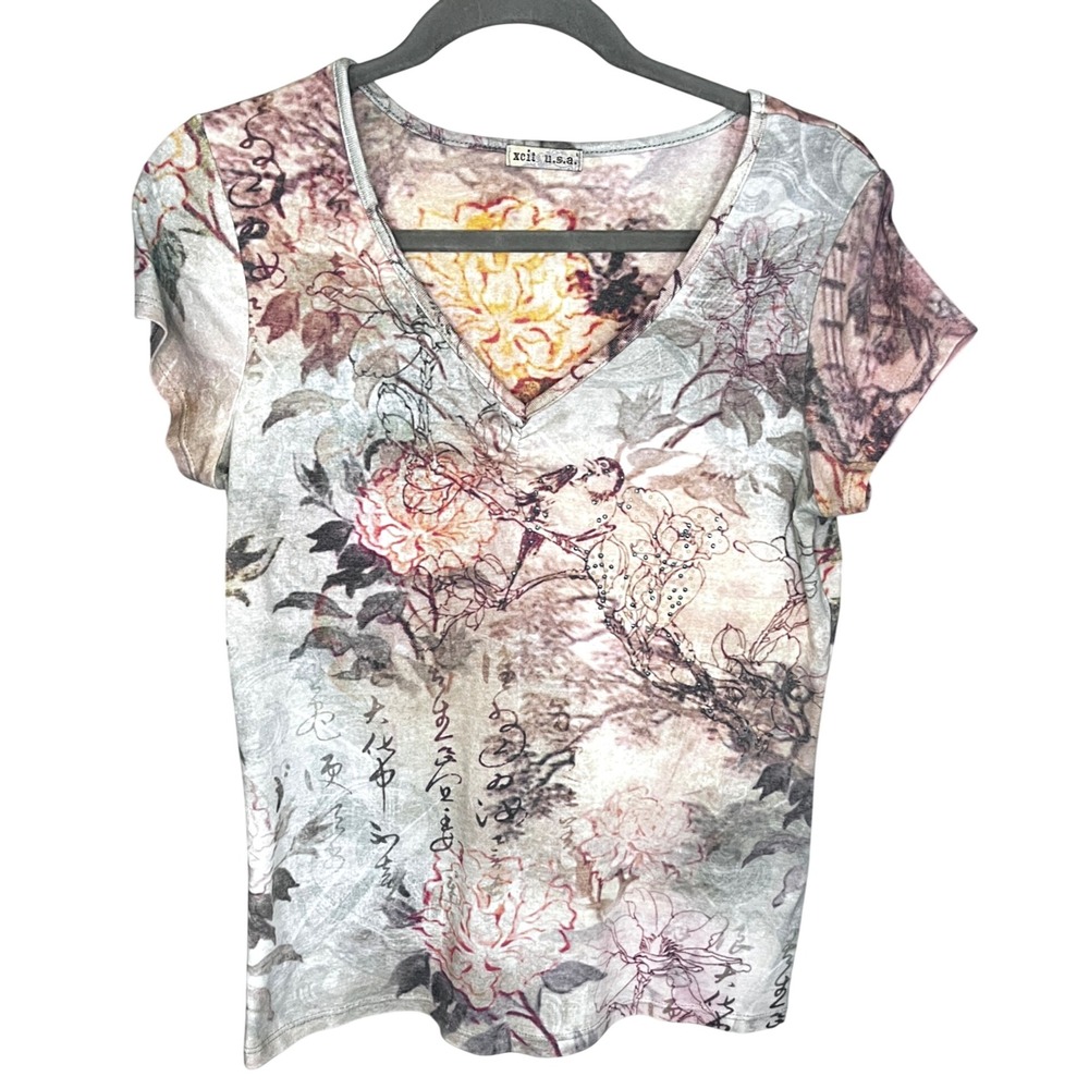 Xcit USA Women V-Neck Short Sleeve Floral Bird Rhinestone‎ Top Fairy Ethereal